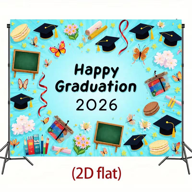 2D Cute Graduation 2026 Banner, Light Blue with Butterflies and Macarons