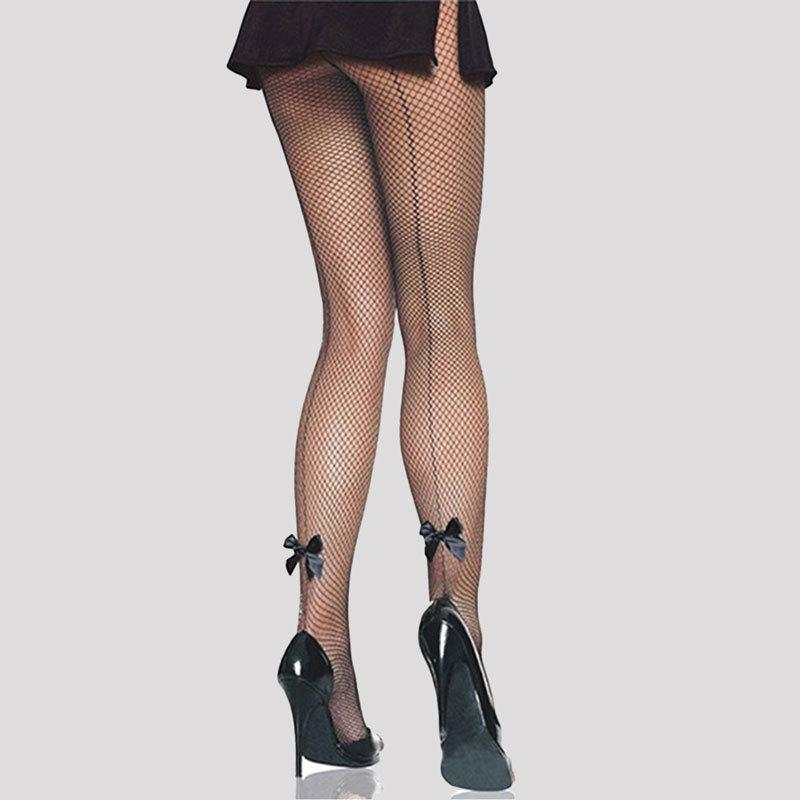 2019New bow-tie backline rhinestone embellished fresh small mesh fishnet pantyhose for women Black ribbon bow