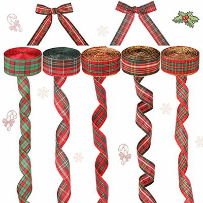 5pcs Ribbon Christmas Red Tartan Gingham Wired Edge Present Wrapping Classic Bows DIY Crafts Home for Halloween