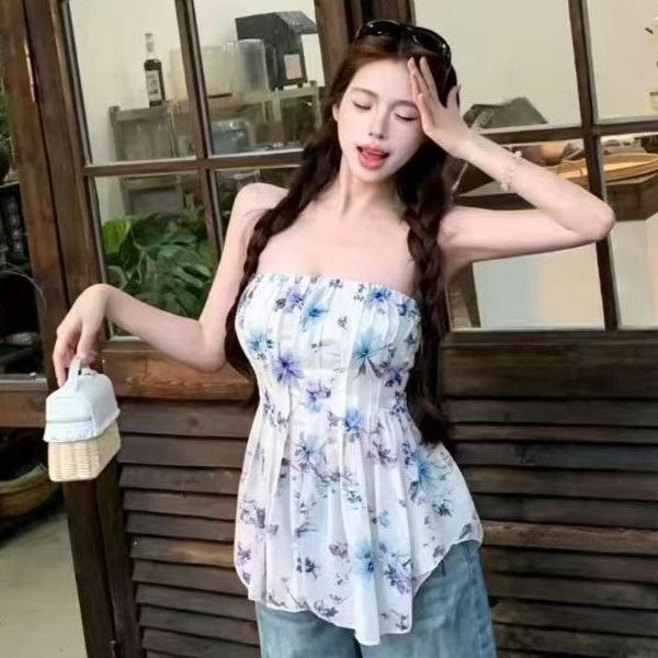 Summer new niche design pleated print tube top Spice girl top women's clothing can be worn outside sleeveless off-the-shoulder vest