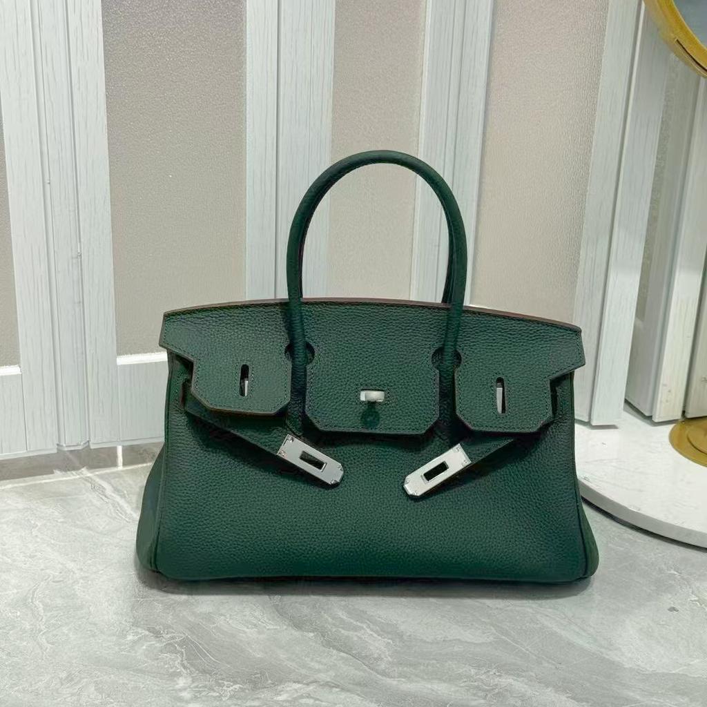 New French Stick Bag Lychee Pattern Horizontal Platinum Baotou Layer Leather Handheld Underarm Bag Genuine Leather Women's Bag