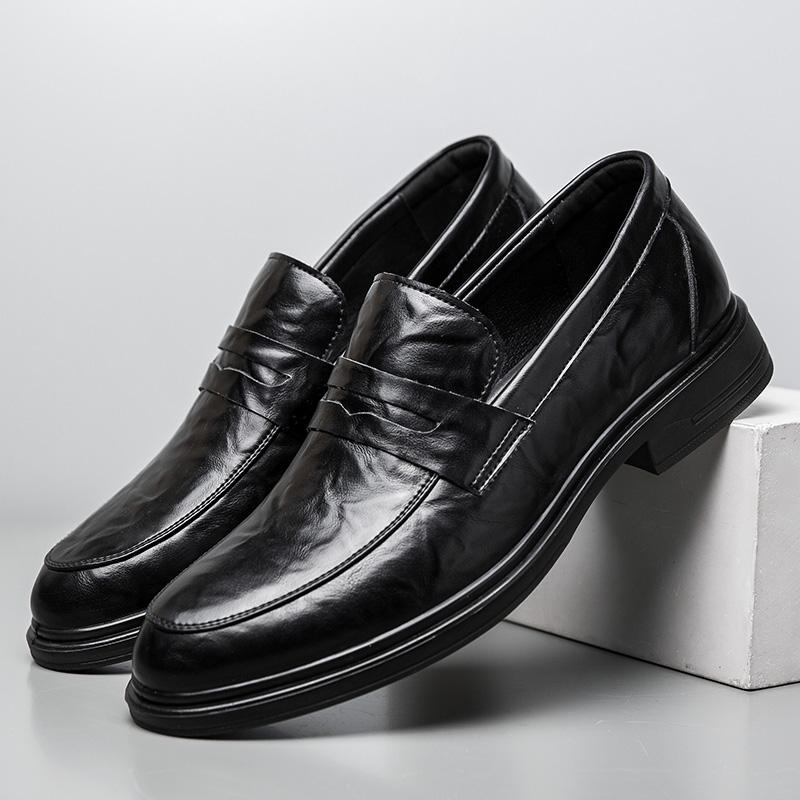 Fashion2024 Newly Men Black Slip-On Leather Shoes Soft Anti-slip Driving Shoes Man Spring Moccasins Social Flat Dress Formal Wear Shoes