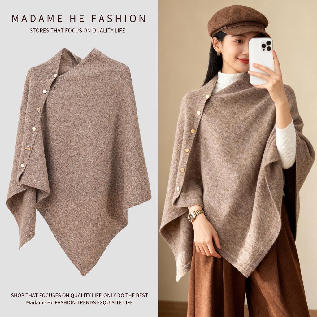 AOSSVIAO 2026 New Autumn Winter Women Pure Cashmere Shawl Solid Color Warm Side Button Knit Cape Poncho Outerwear