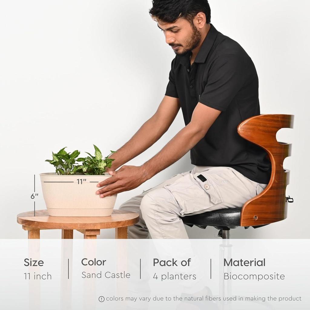 Eva 11.5 Inch Self Watering Pots for Plants | Bamboo Based Plant Pots | Pack of 4 | UV Protected Planters for Home Décor Indoor, Outdoor