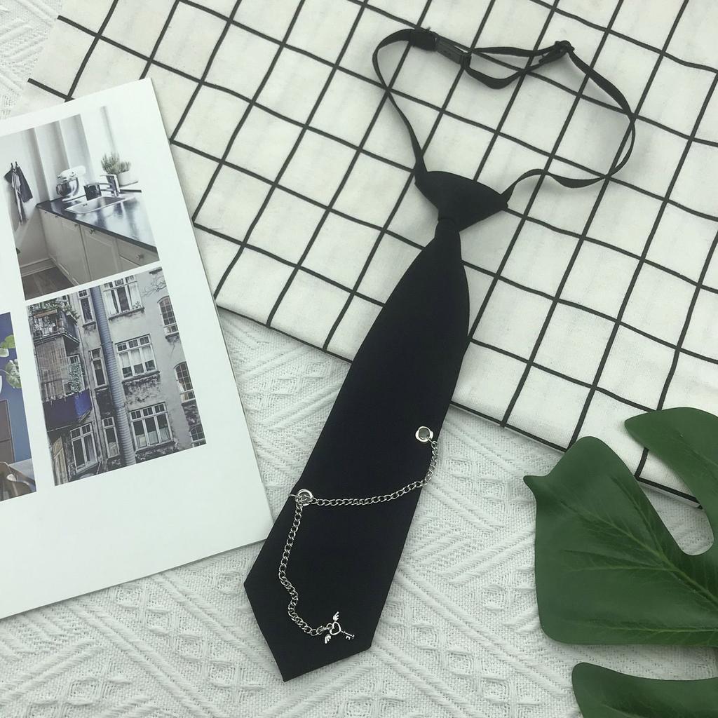 Japanese Gothic Black Neck Tie with Metal Chain Tassel School Student Pre-Tied Adjustable Necktie for Uniforms