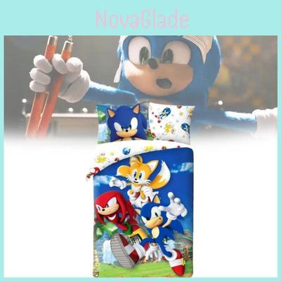 Ensemble de literie dessin animé Sonic le Hérisson avec housse de couette en coton et taie d'oreiller pour décoration de chambre à coucher