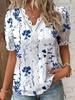Elegant Blouse Printed Short Sleeve Shirts 2026 Summer Office LadyV Neck Lace Panel Shirt S-XXL