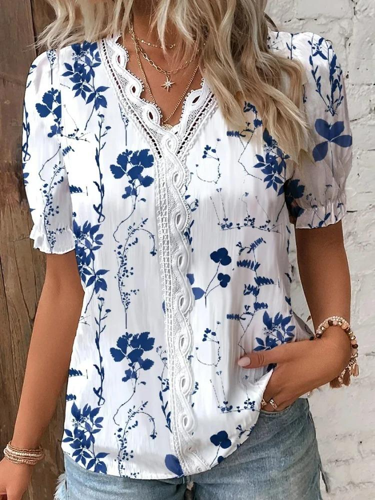 Elegant Blouse Printed Short Sleeve Shirts 2026 Summer Office LadyV Neck Lace Panel Shirt S-XXL