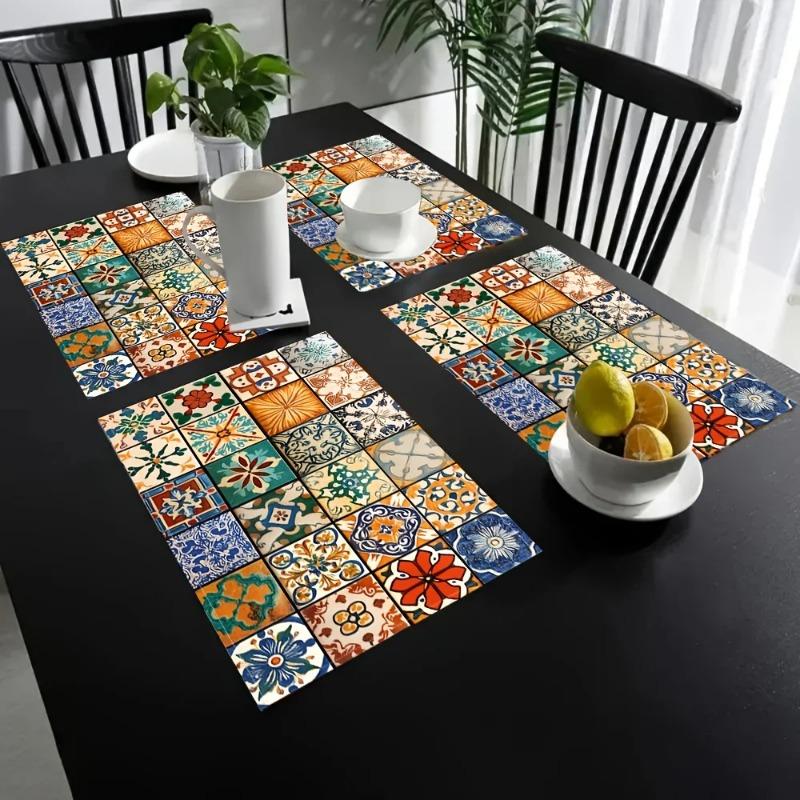 Contemporary Table Mats Set Multicolor Geometric Pattern Blue Orange Theme with Minimalist Tableware for Dining Room