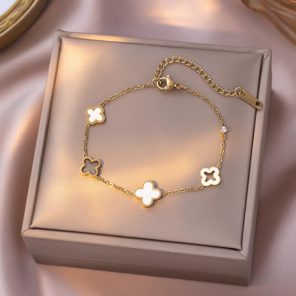 

Европейский и американский браслет из титановой стали с эмалью «Клевер-четырехлистник» - Женские роскошные украшения высокого класса, не тускнеющие