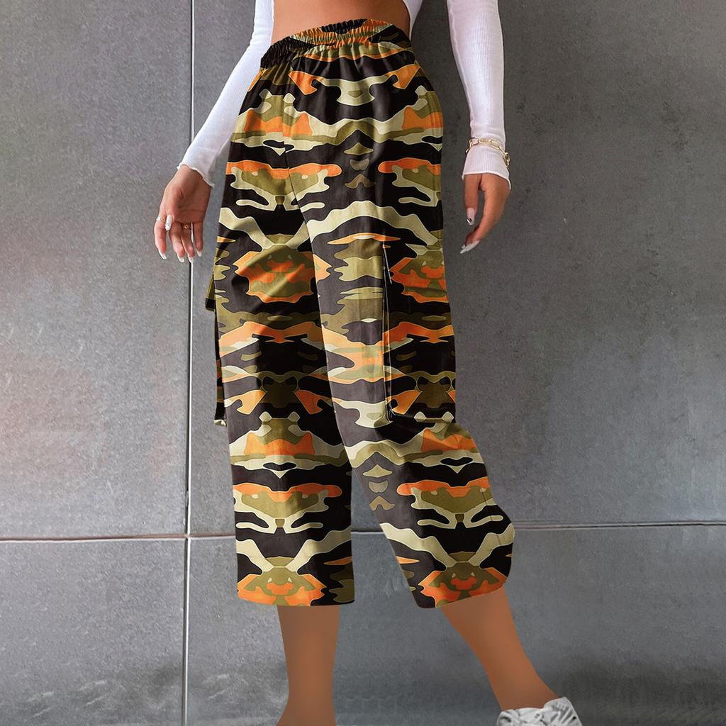 Ladies' Casual Work Pants With Elastic Waistband And Camouflage Printed Cropped Pants