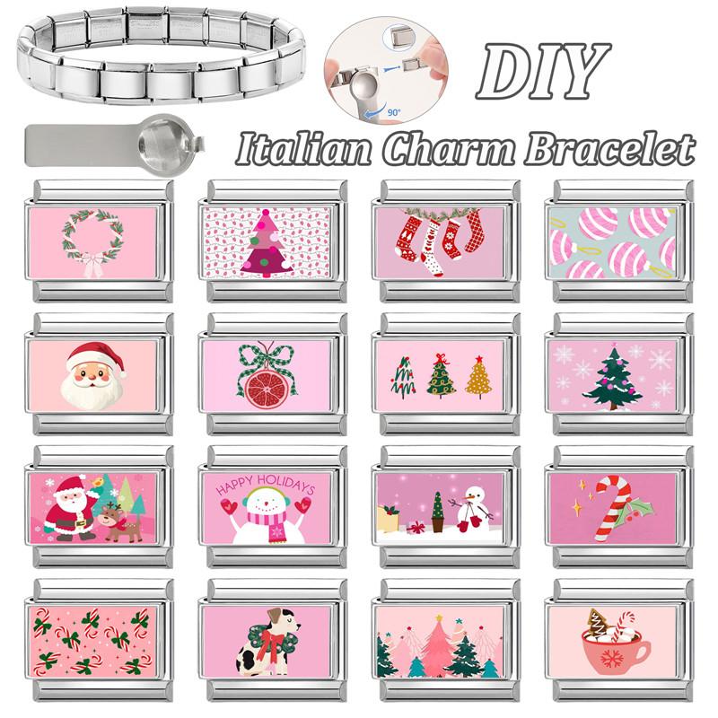 New Christmas Series Santa Claus Snowman Tree Dog Pink Italian Charm Links Fit 9MM Stainless Steel Bracelet Women Men DIY Making