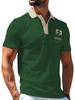 Men's Outdoor Short-Sleeve Polo Shirt with Button Design, Green Base with Small Chest Print, Casual Lapel Top, Vintage Style, Regular Fit, Polyester