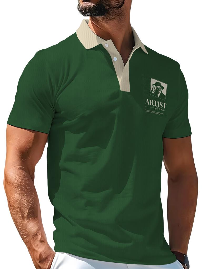 Men's Outdoor Short-Sleeve Polo Shirt with Button Design, Green Base with Small Chest Print, Casual Lapel Top, Vintage Style, Regular Fit, Polyester