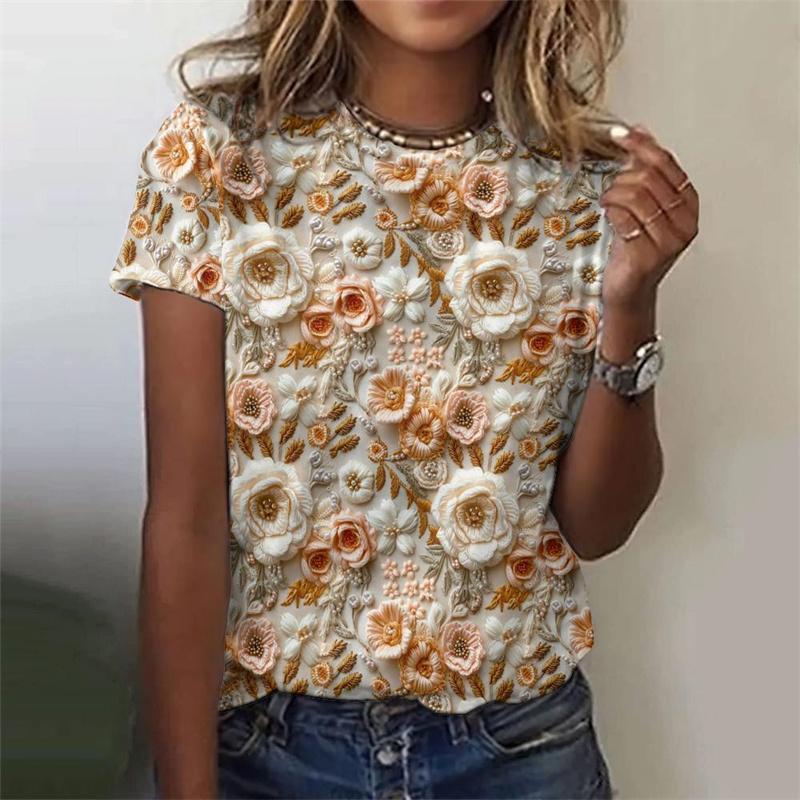 Camiseta feminina com estampa de flores e folhas em 3D, manga curta, estampa de plantas, gola redonda, casual, verão, camisetas femininas, camisetas grandes