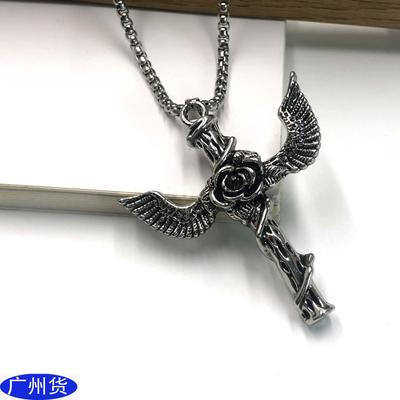 Halloween Rose Wing Titanium Steel Necklace Personalized Vintage Pendant Wind Hip Hop Necklace