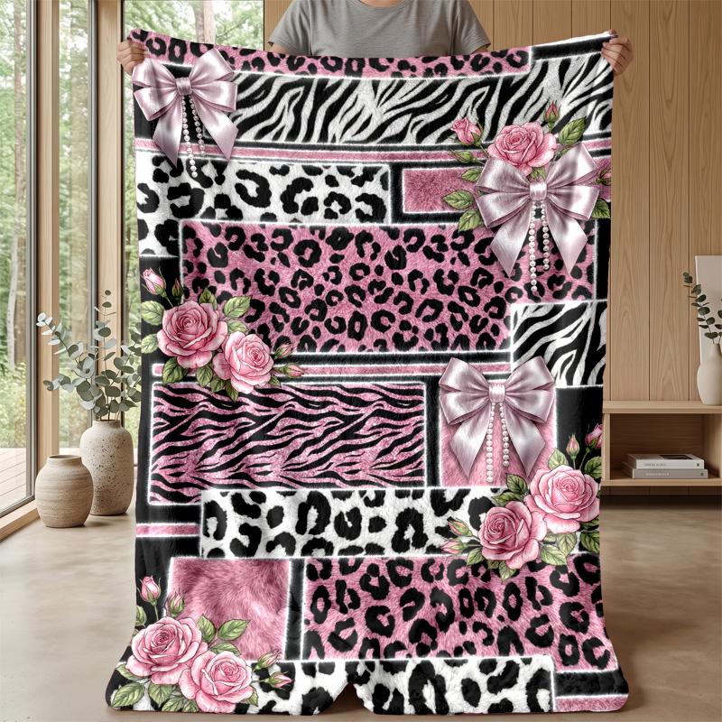 Pink Leopard Roses Bow Theme blanket Lightweight Warm Flannel Blanket Decorative Throw Blanket for Home Decoration