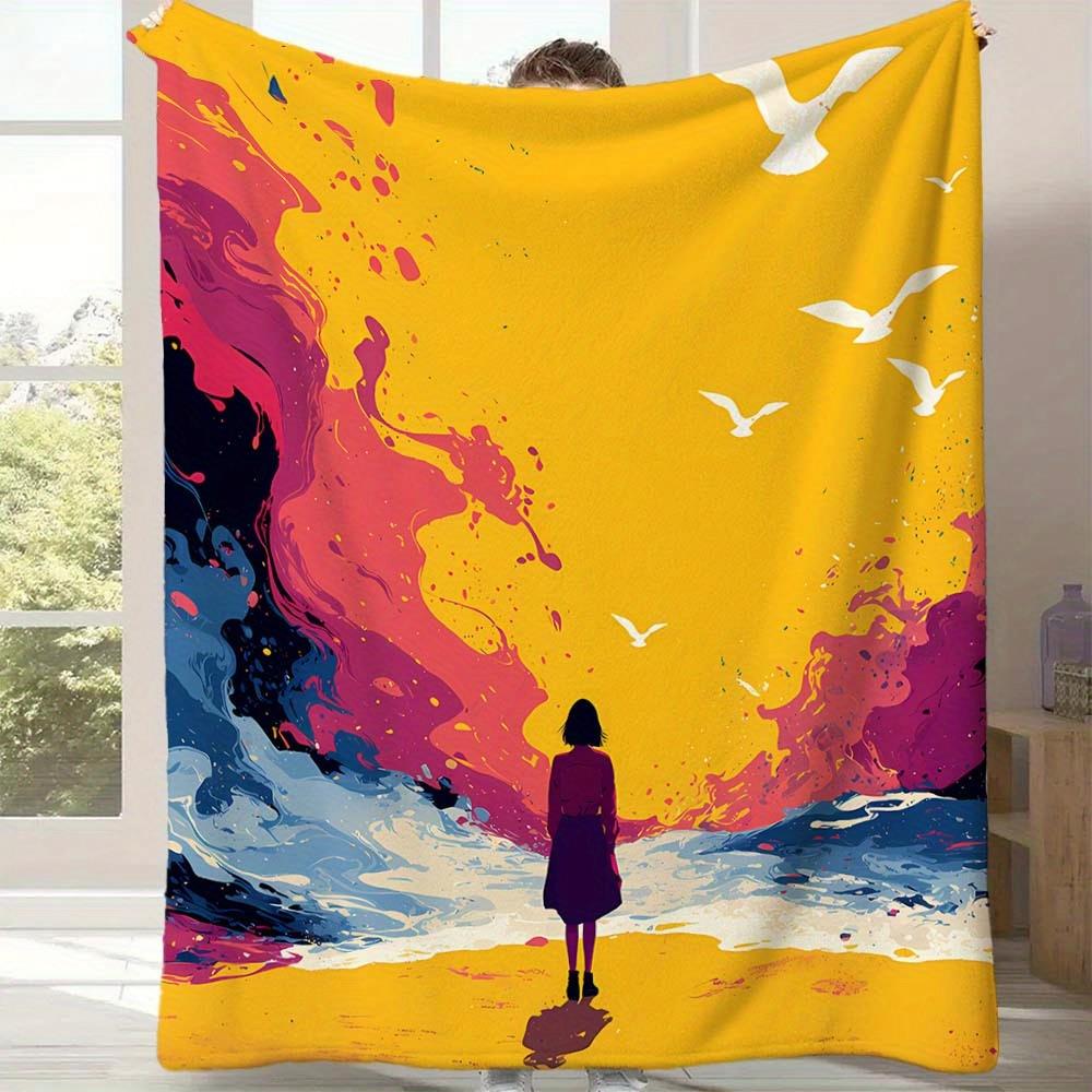 

Ocean waves and bird patterns Flannel printed blanket suitable for all seasons suitable for living room office sofa and travel 75x100cm (30x40inch)