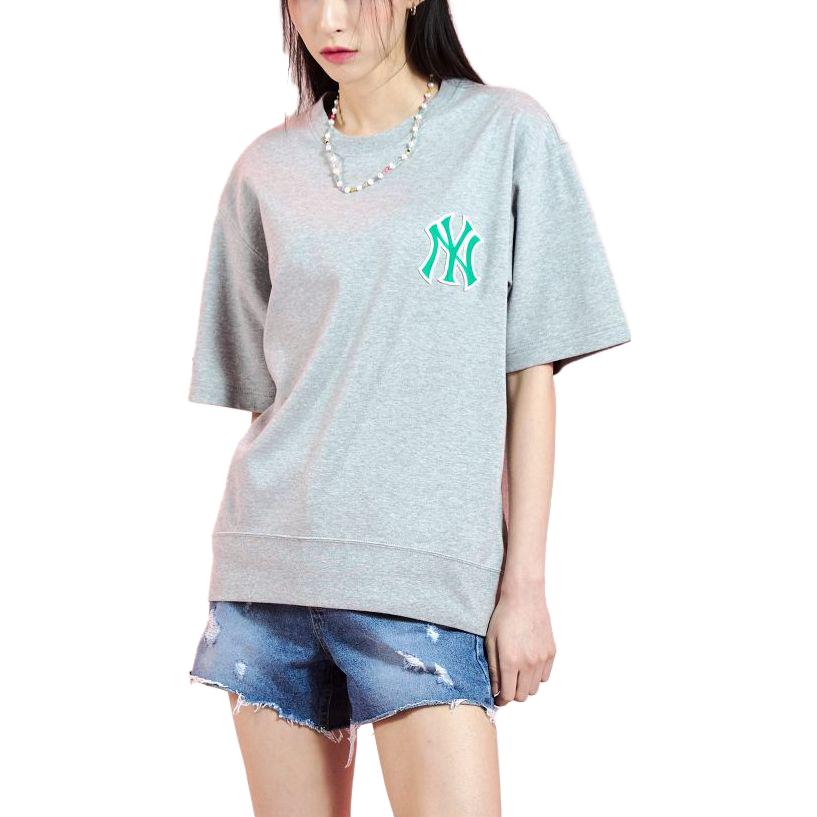 MLB New York Yankees Logo Solid Color Casual Sports Breathable Round Neck Short Sleeve Drop Shoulder T-Shirt Women tops Gray 3ATSD0133-50MGS
