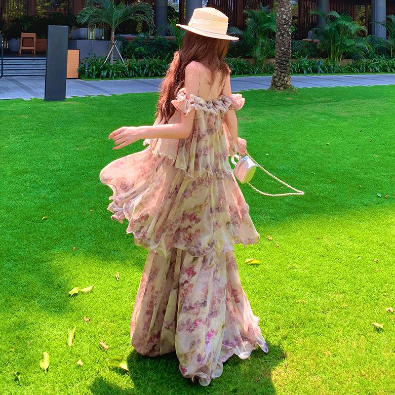 French floral off-the-shoulder suspender dress chiffon long dress seaside vacation beach cake dress summer
