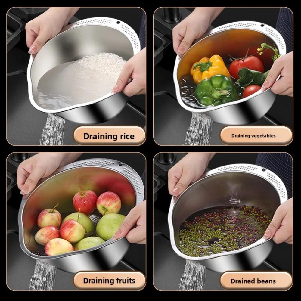 1PCS Rice Washer Strainer Bowl Stainless Steel Rinser With Side Drainers Multipurpose Strainer for Cleaning Fruits Vegetables