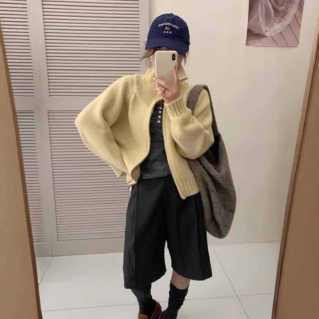 Korean Style Loose Knit Cardigan with Stand Collar and Double Zipper - Casual Short Jacket for Women