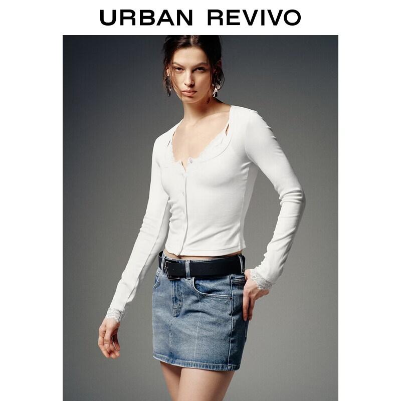 UR 2026 Spring Women s Lace Faux Two-Piece Shirt L