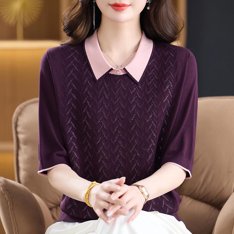 

Women s Seven-Sleeve Lyocell Polo Top for Spring and Autumn, Loose Knit Ice Silk for Middle-Aged and Elderly Mothers 3XL (125-135 lbs)