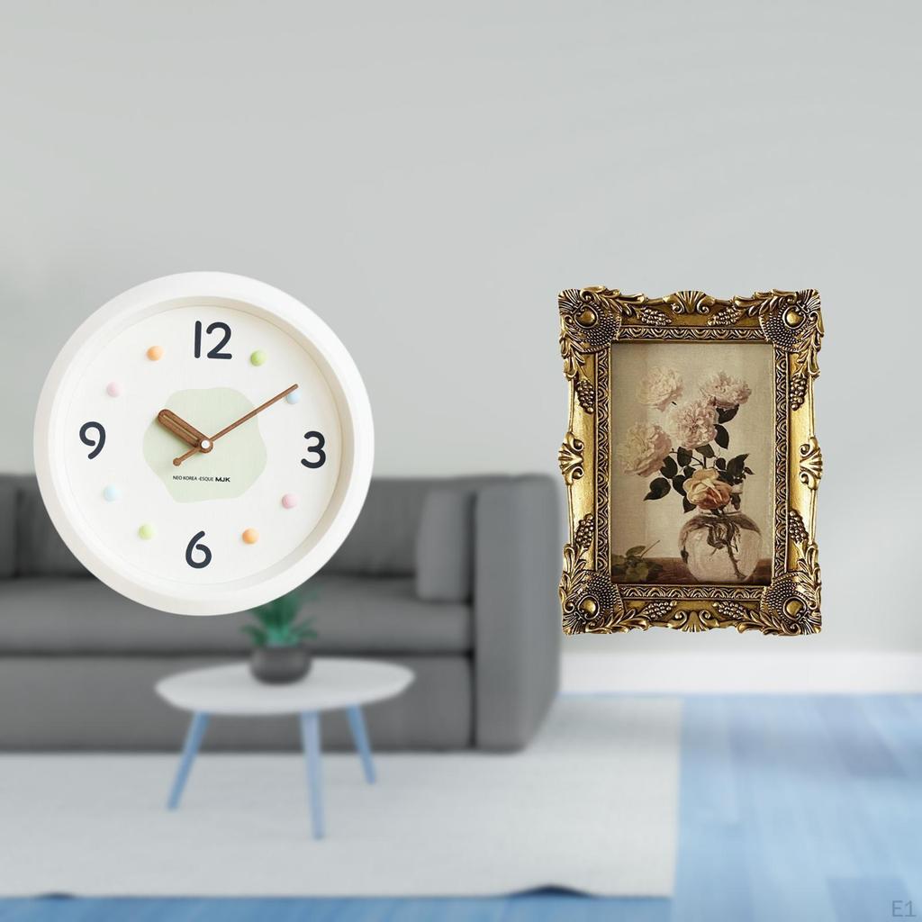 Modern Wall Clock Photo Hanging Ornate Picture Frame Round Resin Decorative Quiet Large