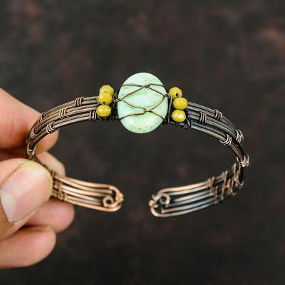 Chrysopras Manschettenarmband Gelbes Korallenperlenarmband Kupferdraht umwickelter Schmuck Verstellbares Manschettenarmband Handgefertigter Armreif Edelsteinarmband