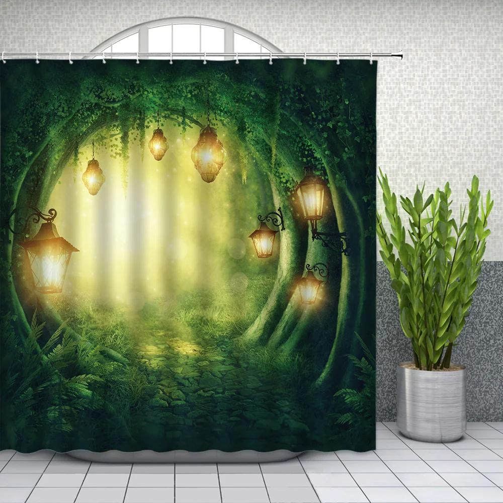 Natural Scenery Shower Curtains Green Tree Floral Plant Landscape Pattern Spring Summer Bathroom Decor Polyester Cloth Curtain