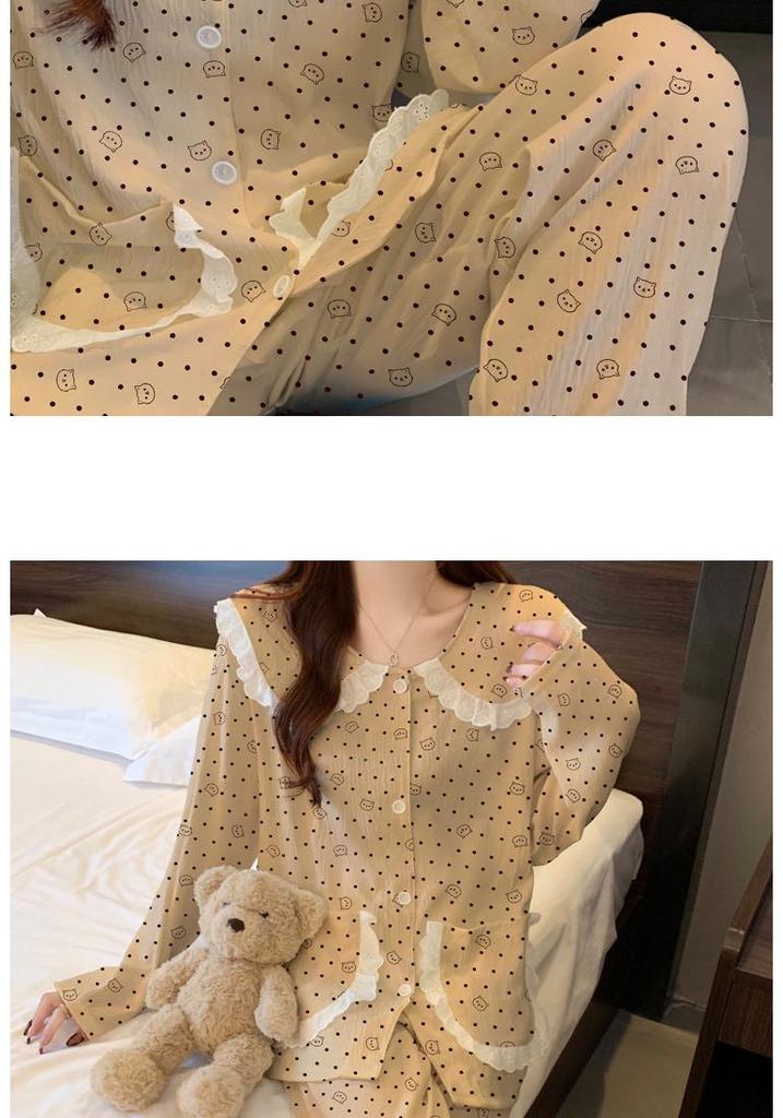 Pigiama in Cotone a Nuvole Pois - Set da Donna a Manica Lunga con Collo da Bambola per Primavera e Autunno