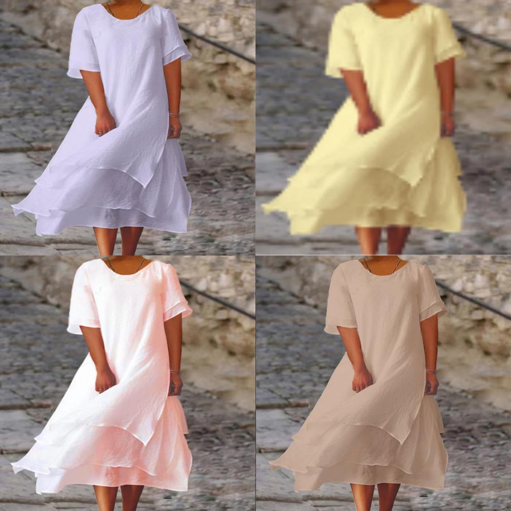 Vestido de Verano de Algodón y Lino de Doble Capa con Bloques de Color y Manga Corta de Cuello Redondo para Uso Casual