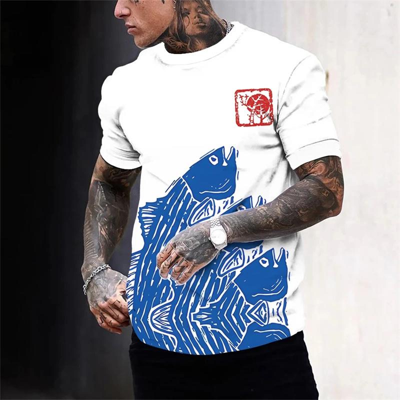 3D-gedrucktes japanisches Ukiyo-e T-Shirt für Herren, Landschafts- und Tiermuster, Sommer-Streetwear, Harajuku, O-Ausschnitt, Kurzarm-Tees