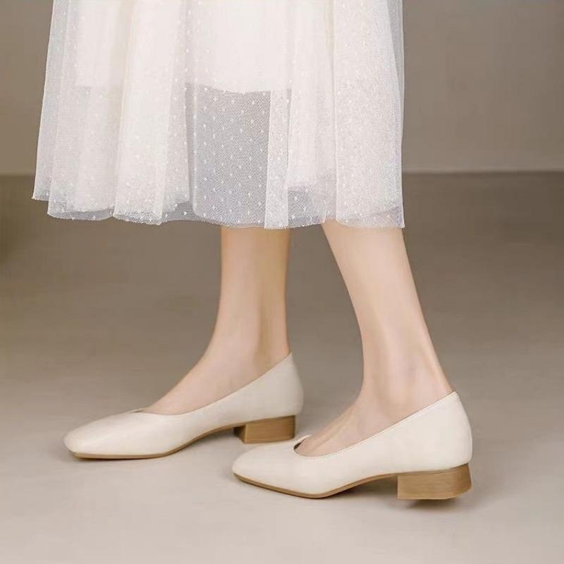 Nude leather shoes women's thick heel new middle heel women's shoes summer soft leather not tired feet single shoes