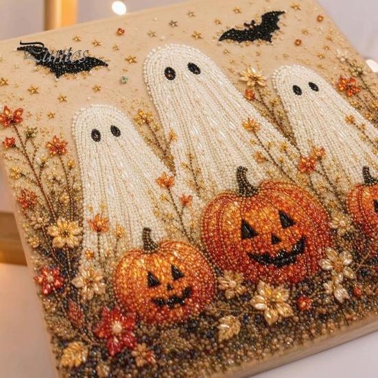 Halloween Room Decoration Faux Pearl Art DIY Kit, Spooky Cute 3D Beads Painting Crafts Stress Relief Project for Adults Beginners, Seasonal Wall with