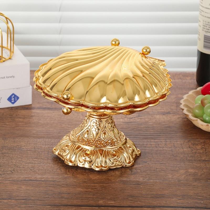 European Fruit Plate,Golden Alloy Exquisite Luxury Shell Shape Tall Feet Tray,Food Snack Candy Disc,Wedding Desktop Decoration