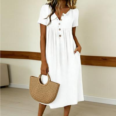 Women's Solid Color Dress With Button Collar Short Sleeves Midi Length