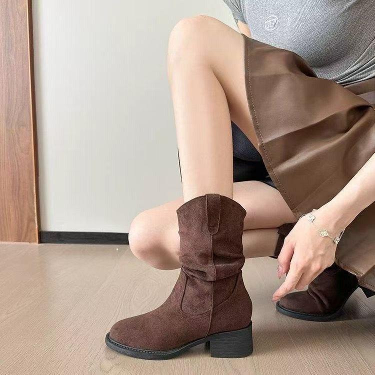 Pile boots cowboy boots women's 2025 autumn and winter new khaki retro inner height increase thick heel soft surface Martin boots women