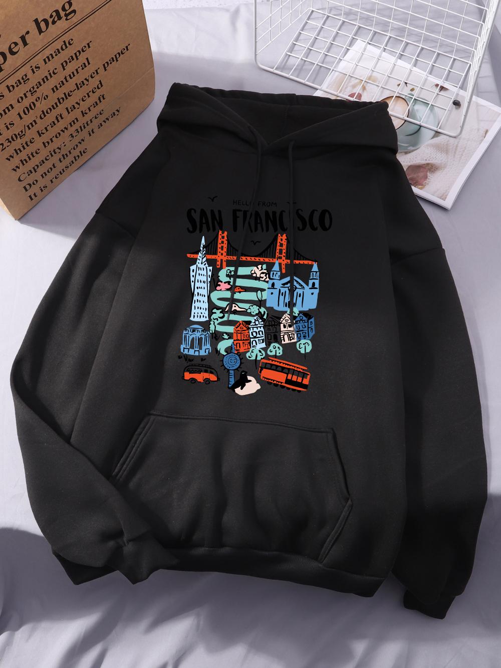 

Hello From San Francisco Printing Hoodies Women Street Loose Hoody Basics Sporty Sweatshirt Winter Fleece Warm Womans Sportswear 2XL
