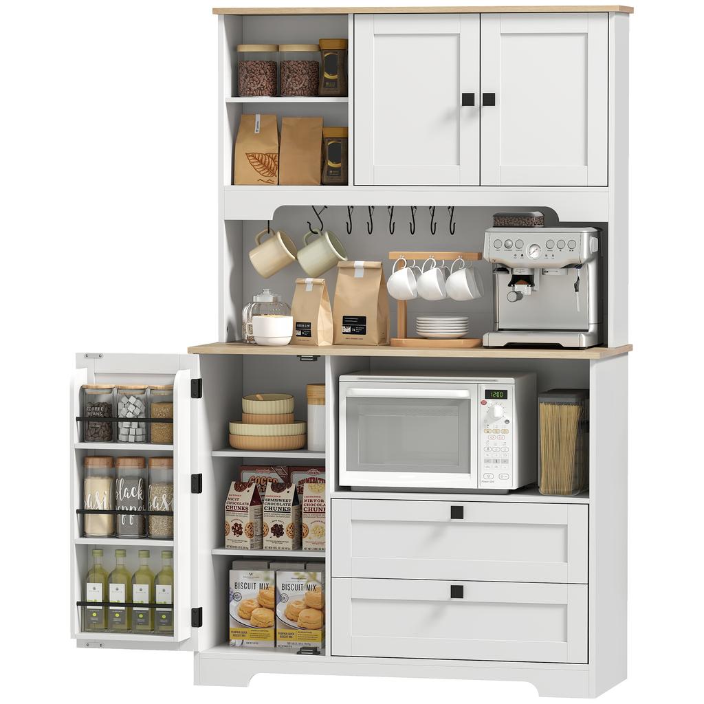 Kitchen Cupboard, Freestanding Kitchen Cabinet with 2 Cabinets, 2 Drawers, Open and Adjustable Shelves, White