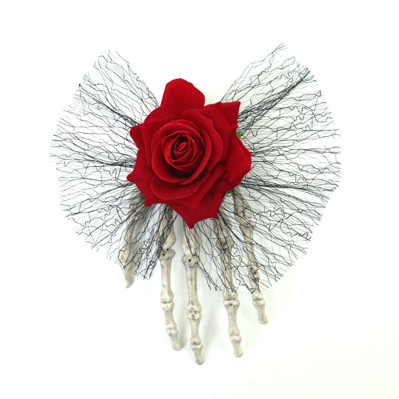Halloween skull palm headdress, gothic imitation rose lace hairpin, scary atmosphere costume props