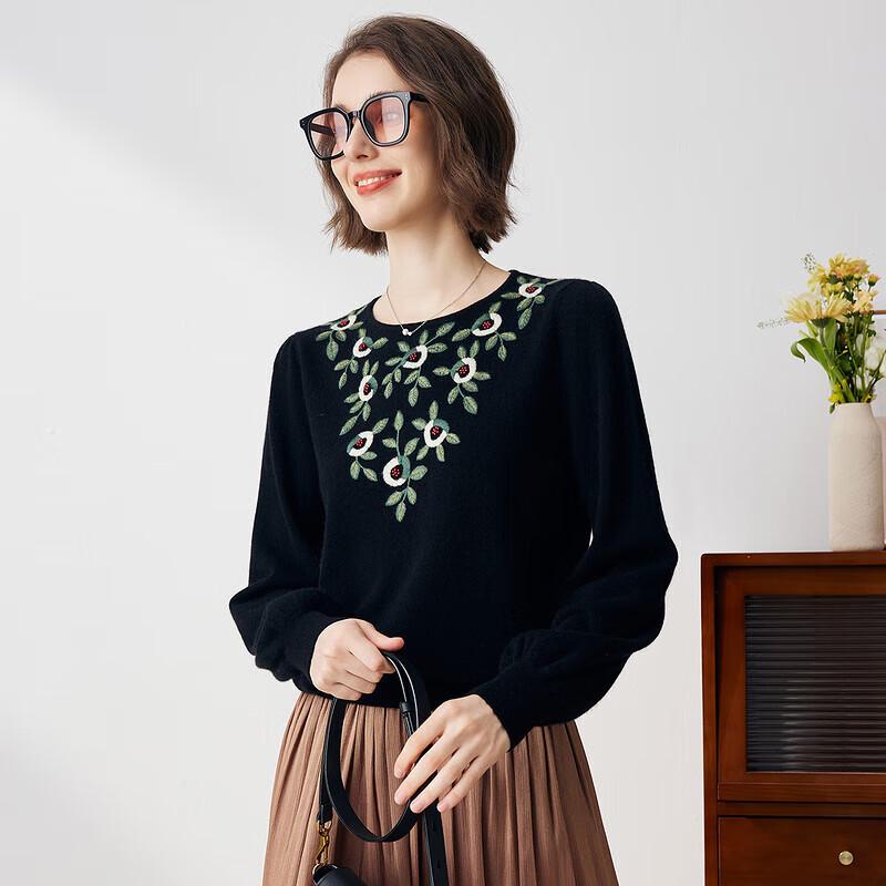 KEMENG BOKA Women's Pure Cashmere Lantern Sleeve Embroidered Knit Sweater