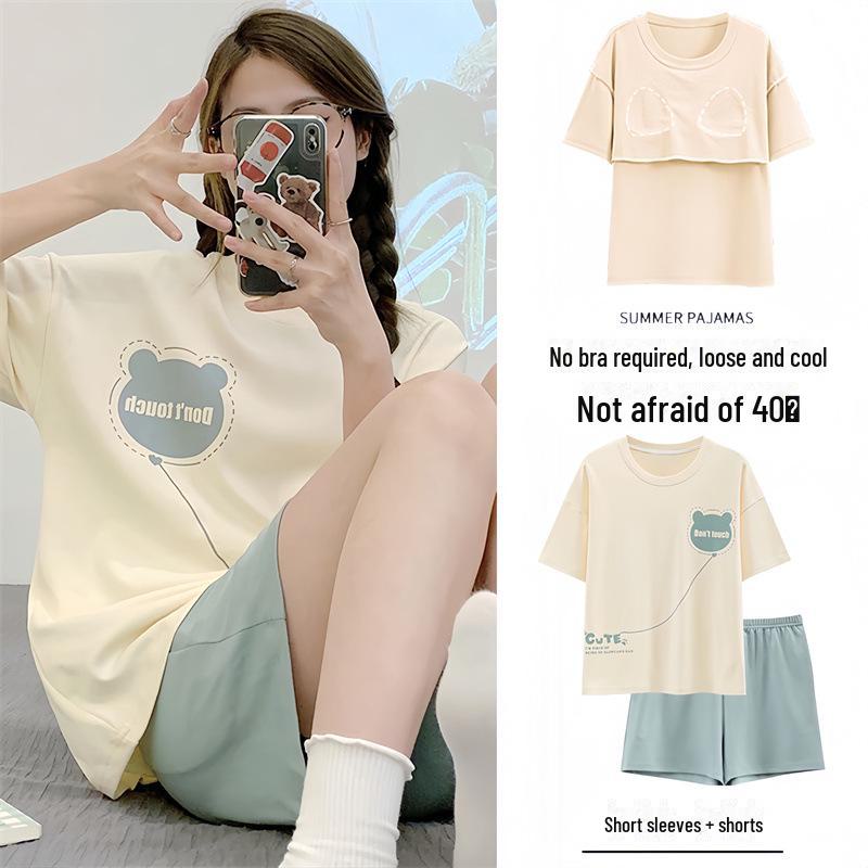 

Женская летняя пижама в корейском стиле с короткими рукавами и нагрудной подкладкой - классная домашняя одежда больших размеров XXL (125-155 lbs)