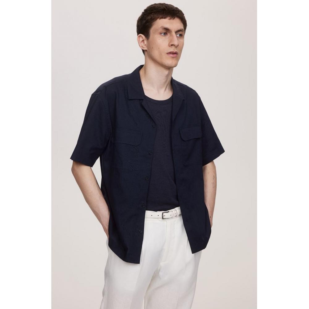

H M Regular Fit Linen Blend Utility sHirt Navy Blue S