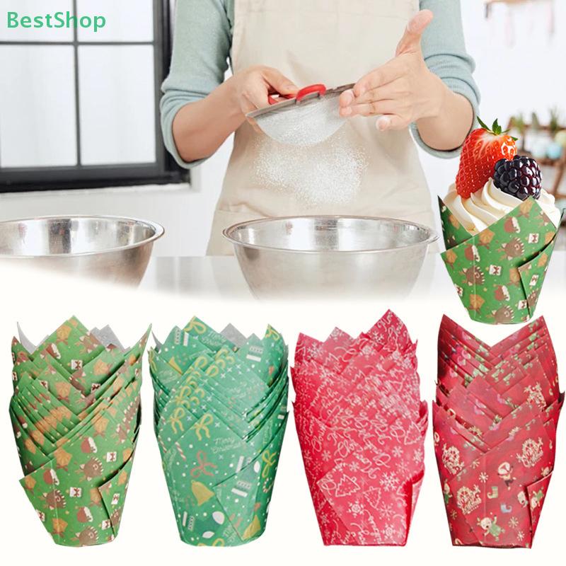 50Pcs Christmas Tulip Cake Paper Cups Oilproof Baking Muffin Box Cup High Temperature Resistant