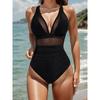 Women's Sexy One Piece Swimsuit Deep V Neck Sheer Mesh Backless Tummy Control Solid Color Monokini Summer Beach Bathing Suit Swimwear
