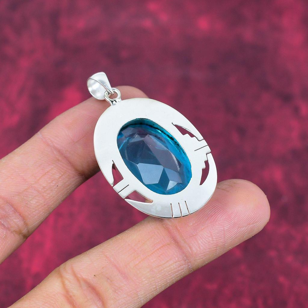 Swiss Blue Topaz Pendant, Handmade Gemstone Pendant, 925 Solid Sterling Silver Pendant Antique Jewelry, For Engagement Gift