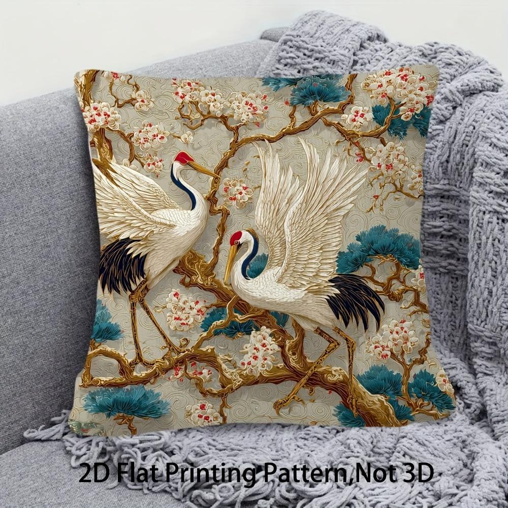 2D Flat- Vintage Chinese Style Red Crowned Crane And Plum Blossom Square Throw Pillow Case Home Decor Cushion Cover