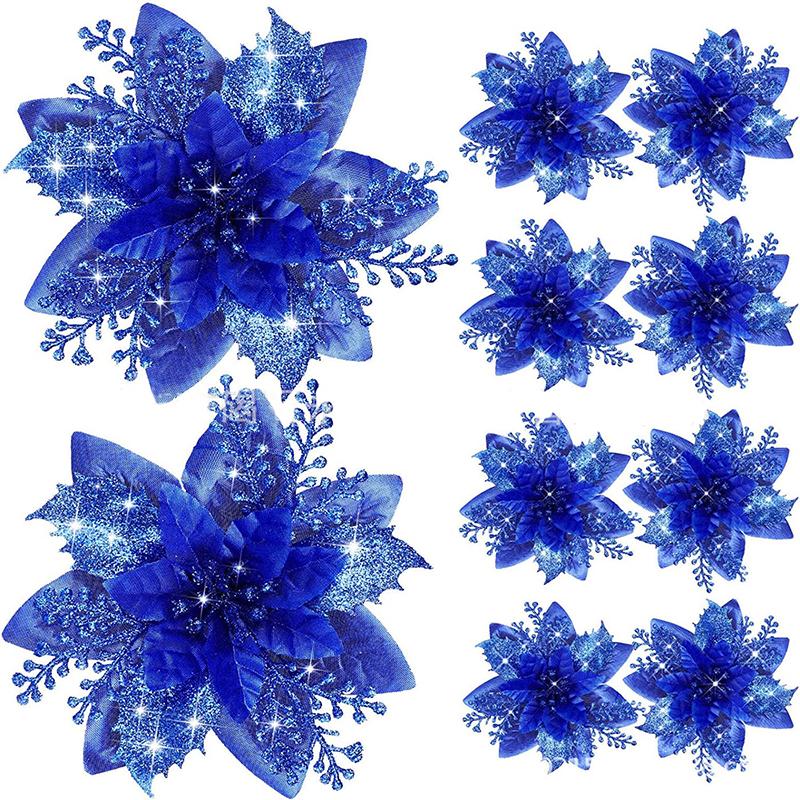 Valentines Day Flowers Glitter Artificial Poinsettia Floral Xmas Tree Ornaments DIY Garlands Home Wedding Party Decorations Gift